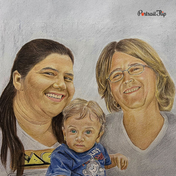 Colored pencil portrait of two women with toddler